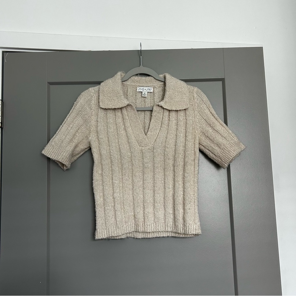 Cozy Beige Knit Collared Top